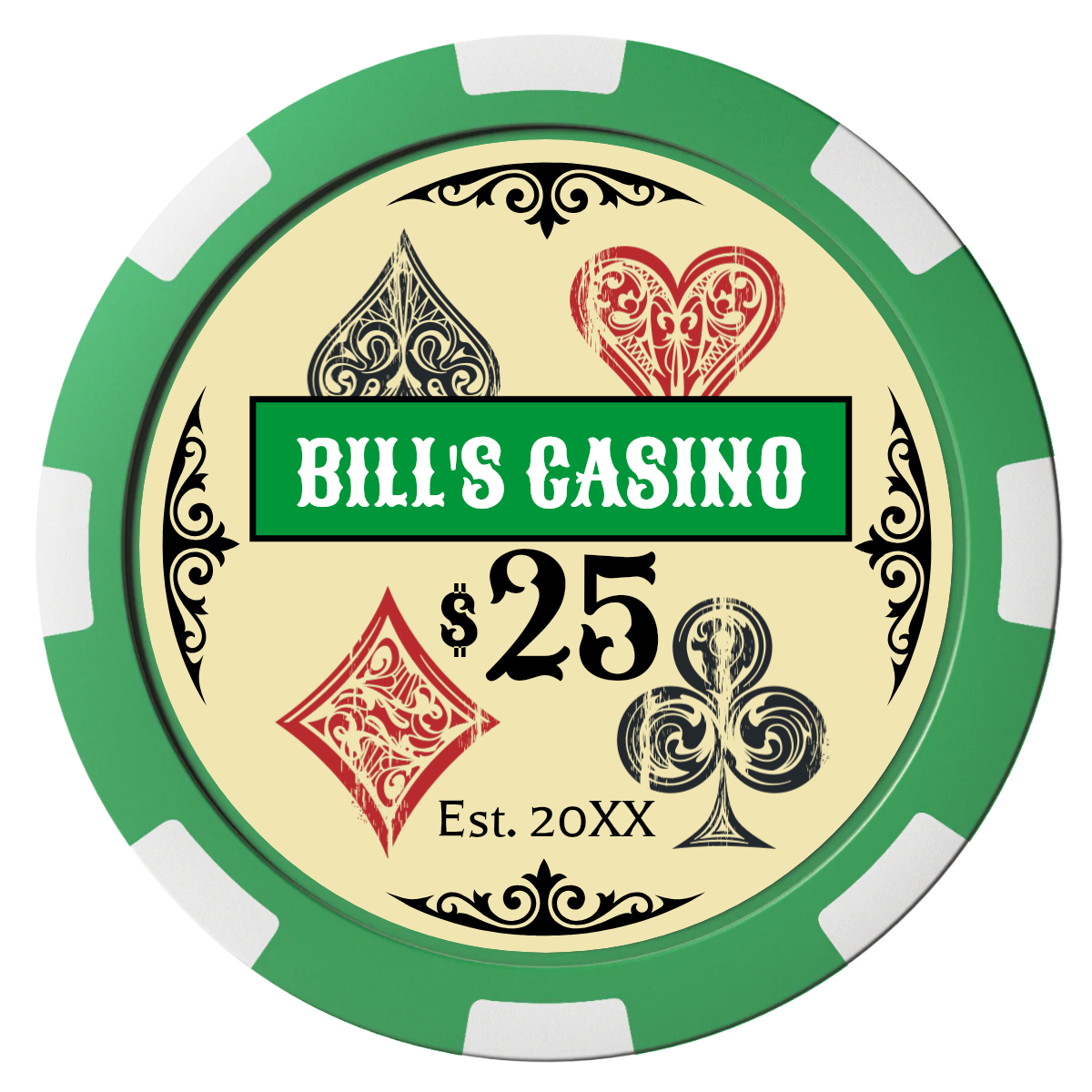 Vintage Four Suits Magnetic Composite Poker Chips - Green / 8 Spot - Front
