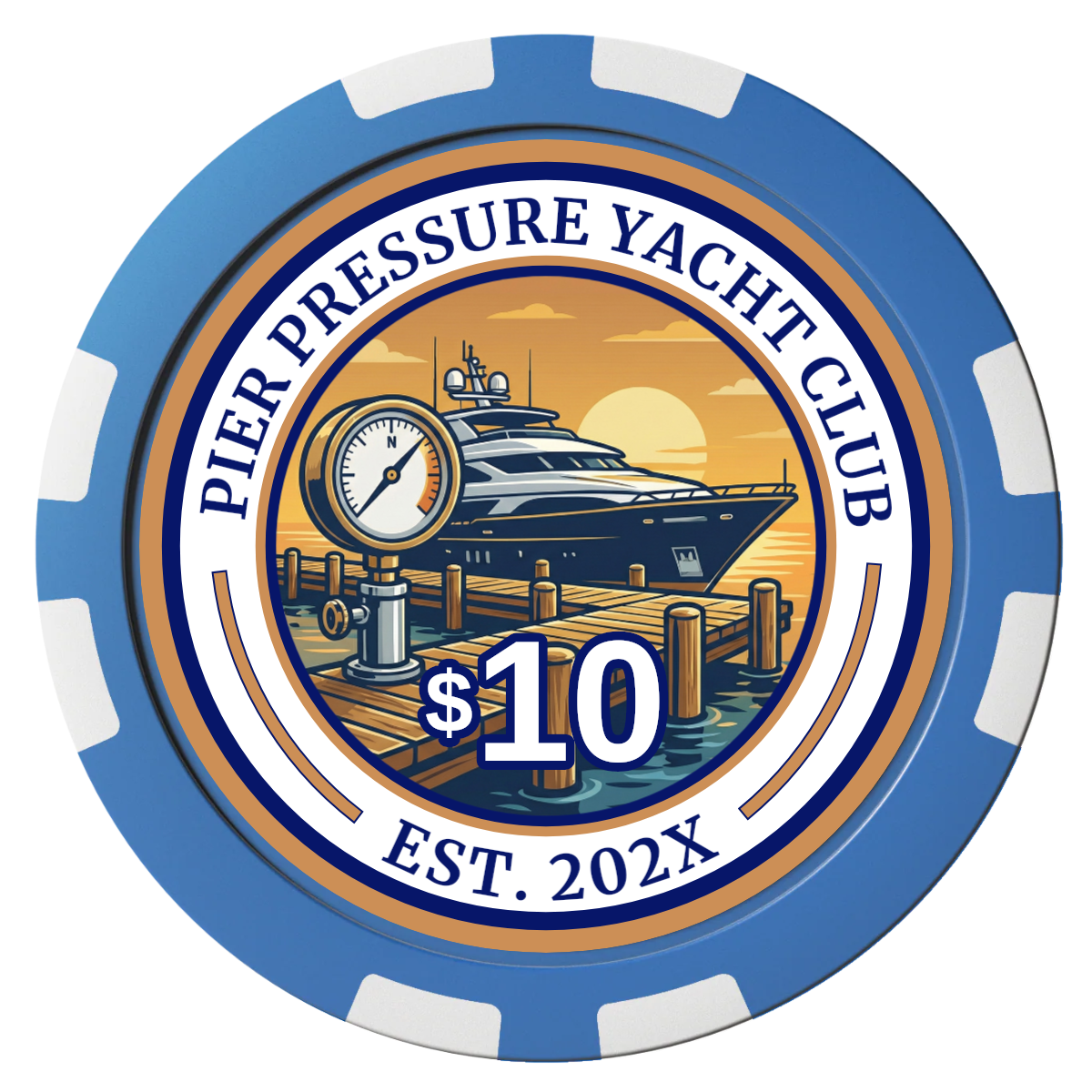 Anchor Down Card Room Composite Poker Chips - Blue / 8 Stripe - Front