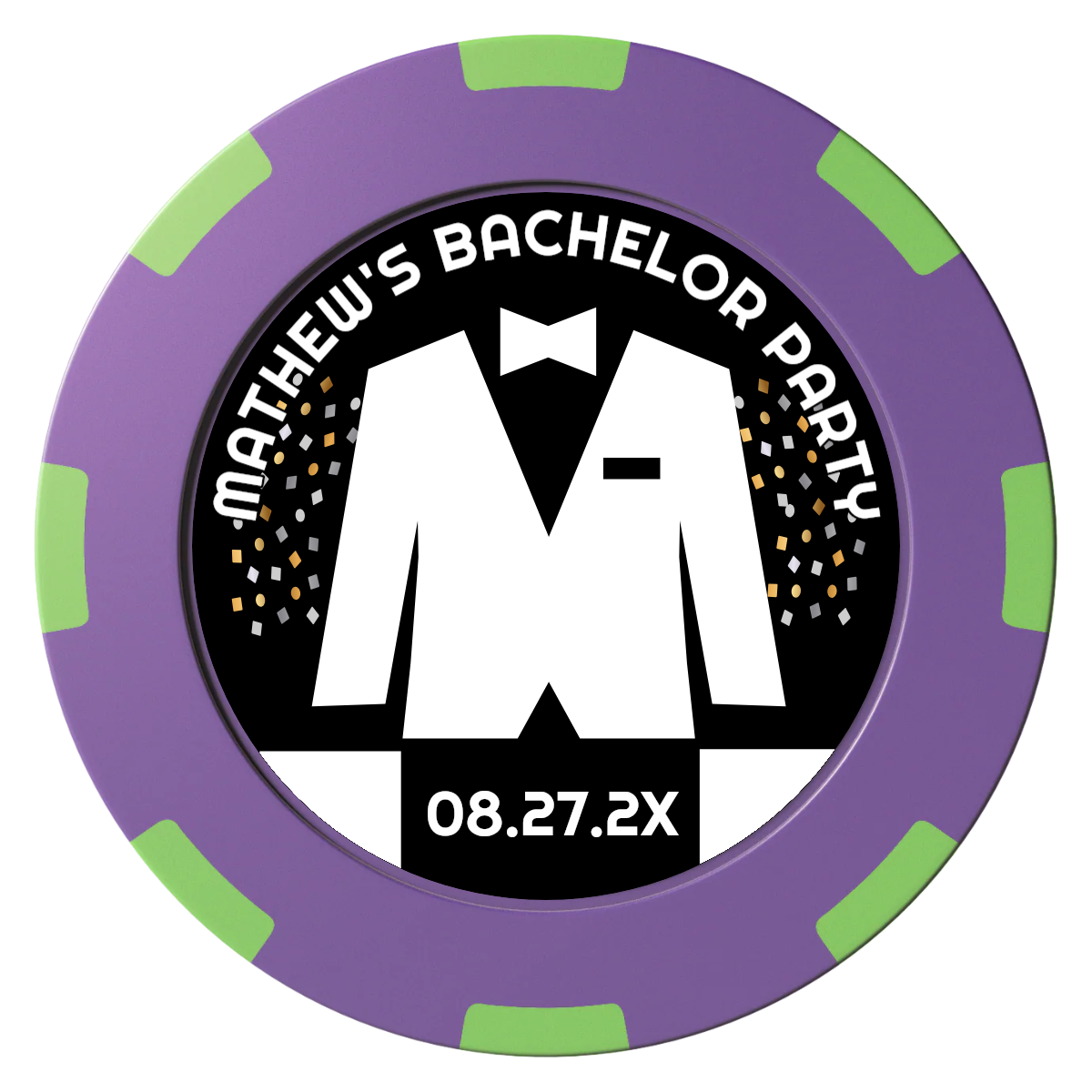 Bachelor No More Bowtie Clay Poker Chips - Purple / 8 Spot (2 Tone) / 40mm - Front