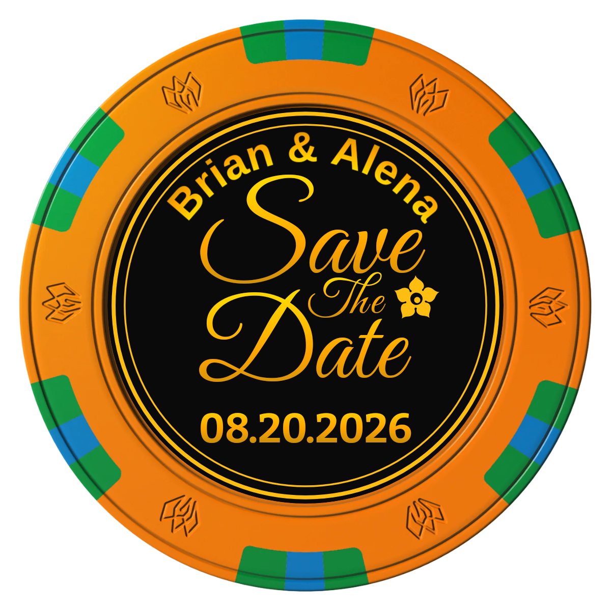 Save the Date Text Clay Poker Chips - Orange / 6 Spot Gem / 40mm - Front