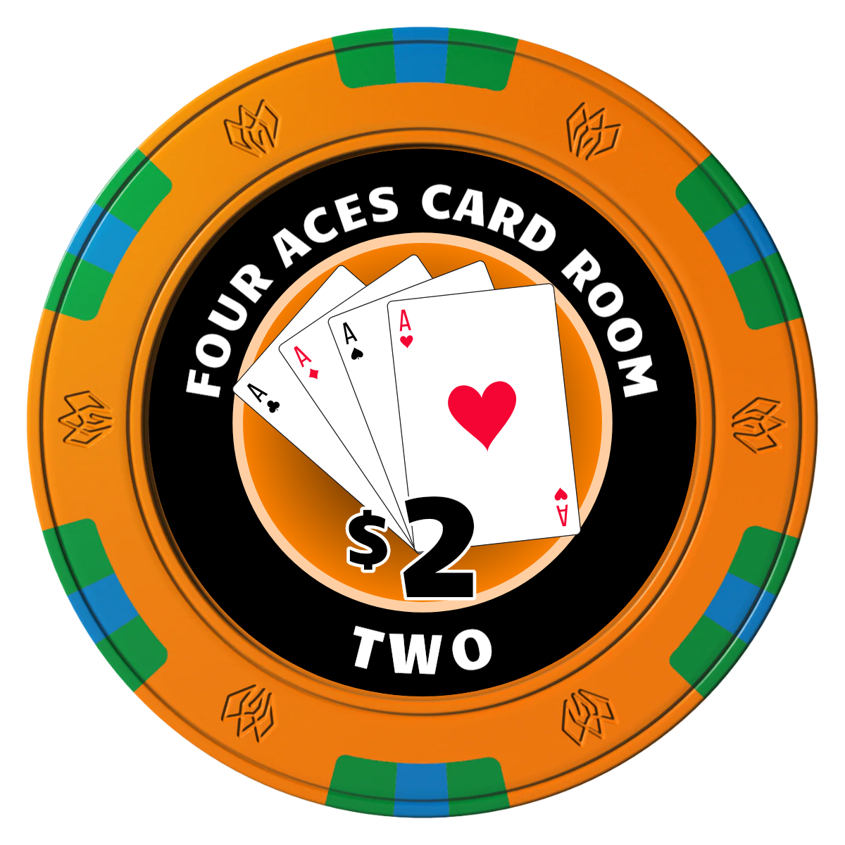 4 Aces Poker Room Clay Poker Chips - Orange / 6 Spot Gem / 43mm - Front