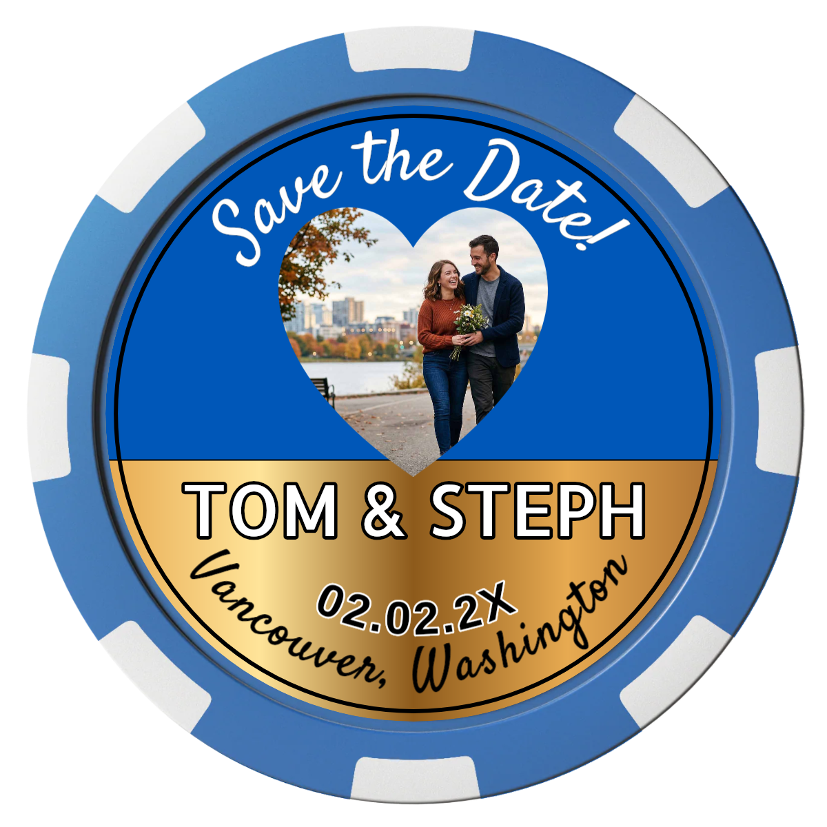 Save the Date Hearts Composite Poker Chips - Blue / 8 Spot - Front