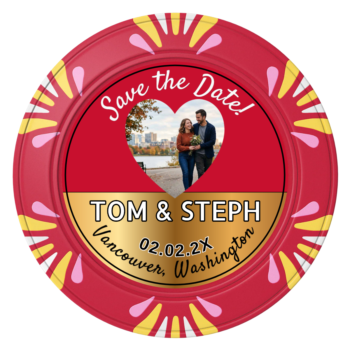 Save the Date Hearts Clay Poker Chips - Red / Macau / 40mm - Front