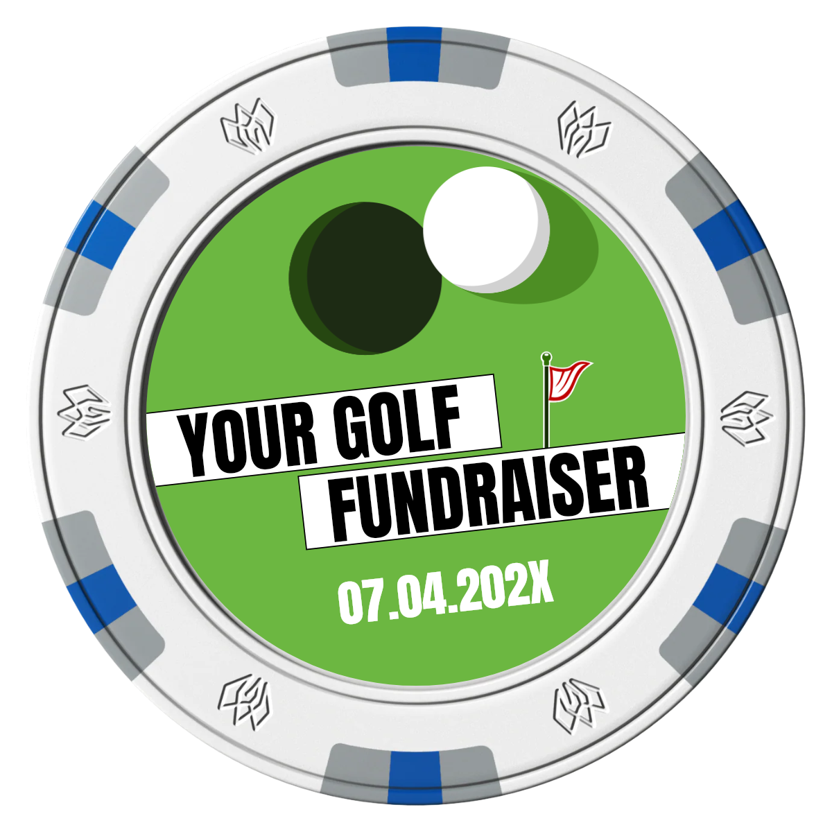 Putting Around Tournament Clay Poker Chips - White / 6 Spot Gem / 43mm - Front