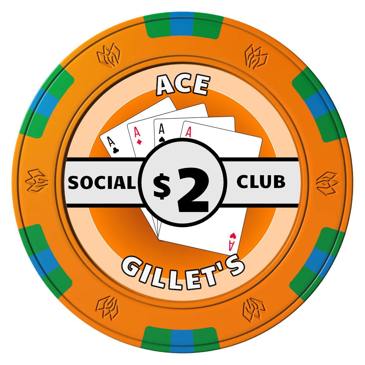 Ace Gillet's Clay Poker Chips - Orange / 6 Spot Gem / 40mm - Front
