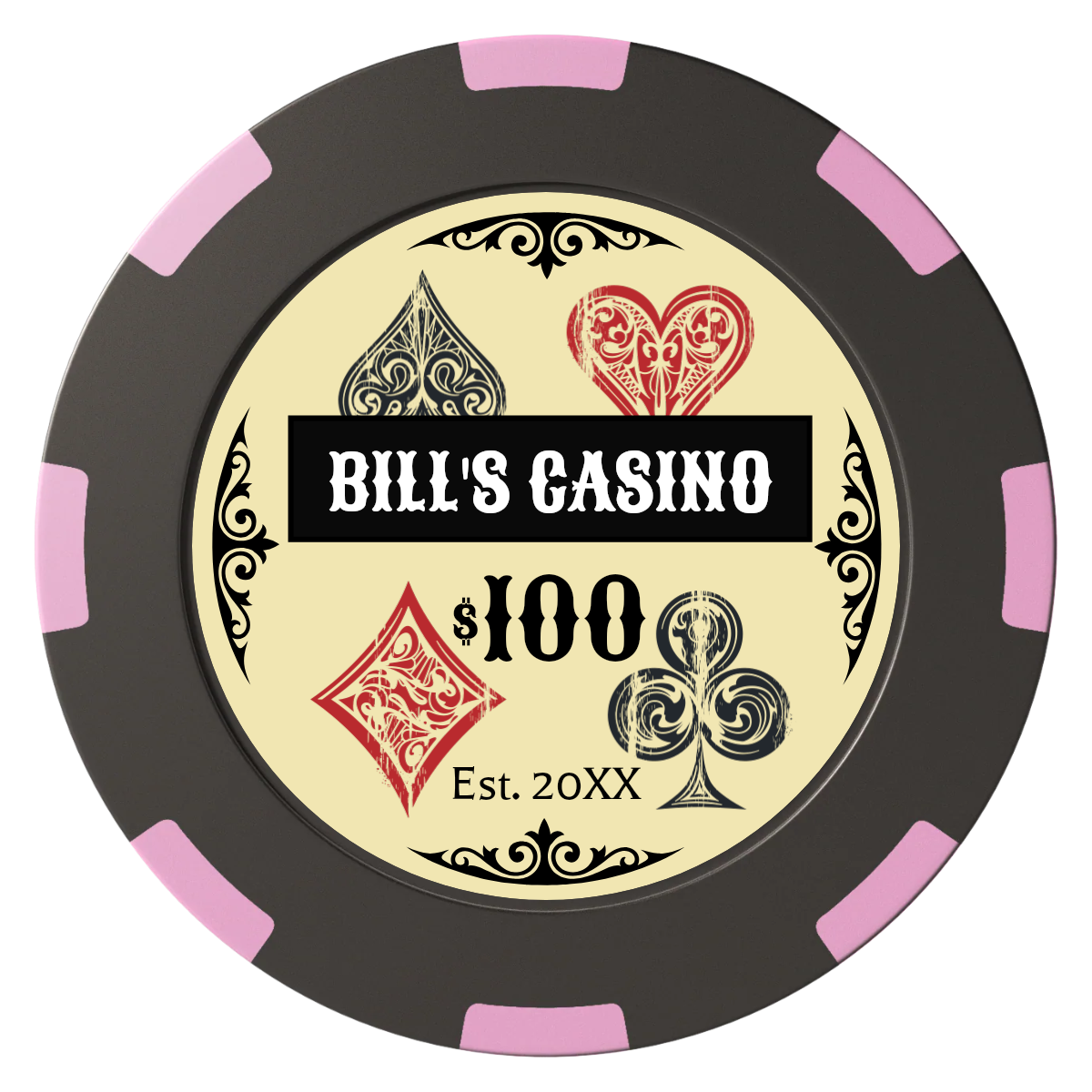 Vintage Four Suits Clay Poker Chips - Black / 8 Spot (2 Tone) / 40mm - Front