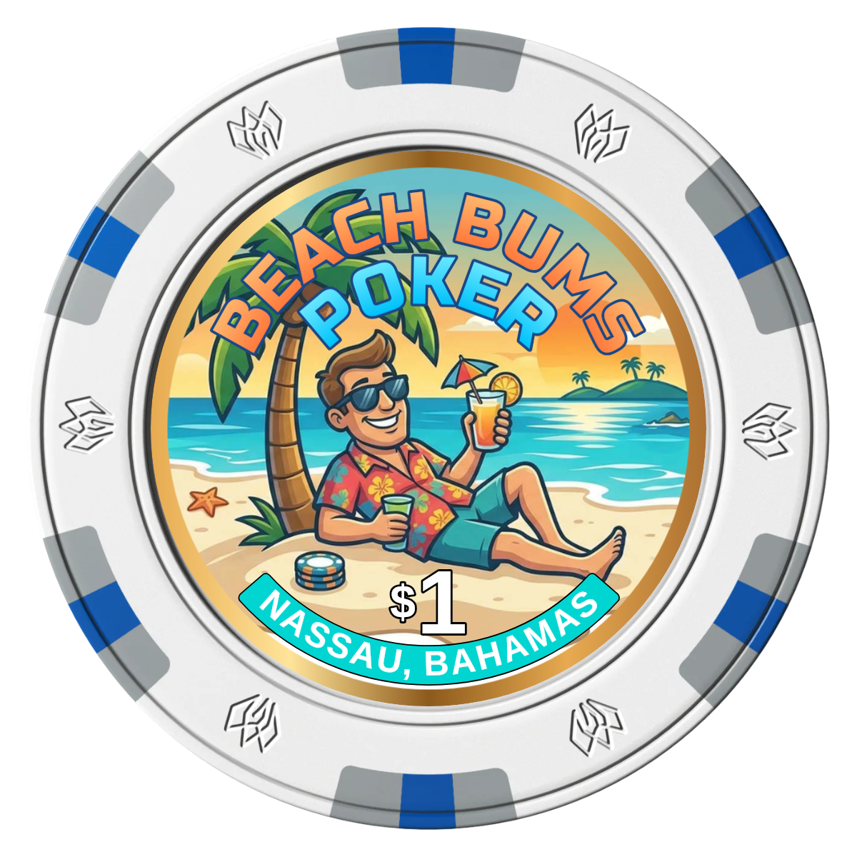 Sandy's Casino Clay Poker Chips - White / 6 Spot Gem / 43mm - Front