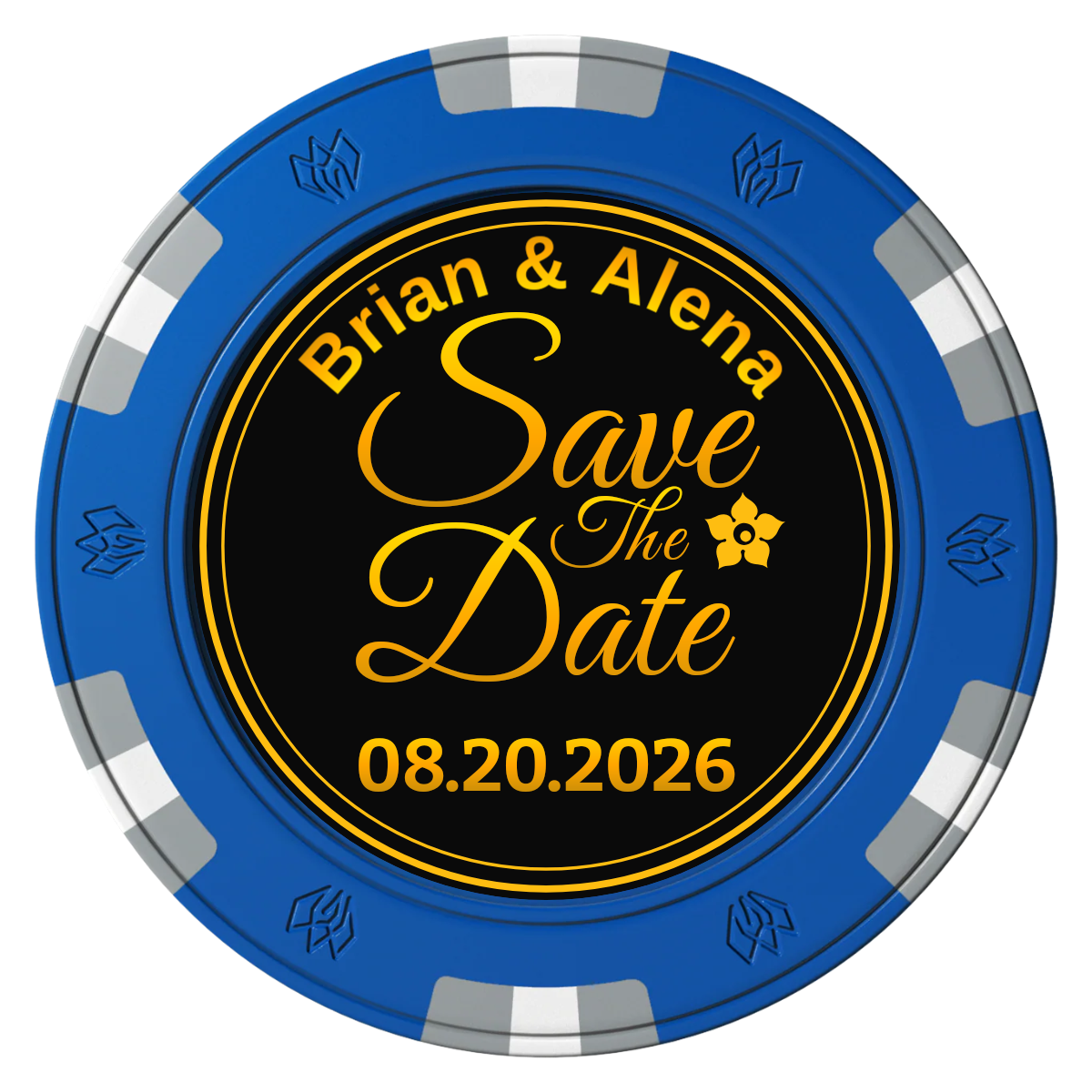 Save the Date Text Clay Poker Chips - Blue / 6 Spot Gem / 43mm - Front