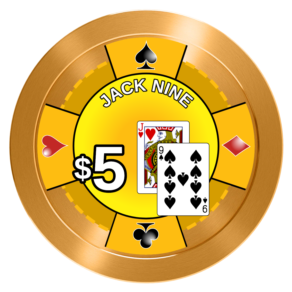 Jack Nine Card Room Aluminum Poker Chips - Gold - Front