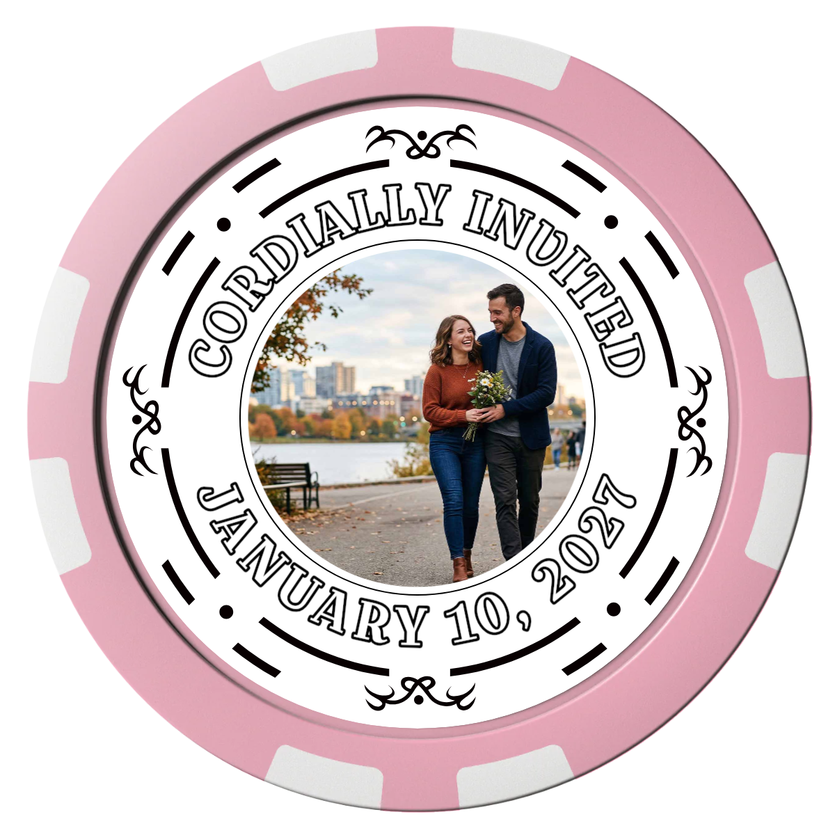 Save the Date Element Composite Poker Chips - Pink / 8 Stripe - Front