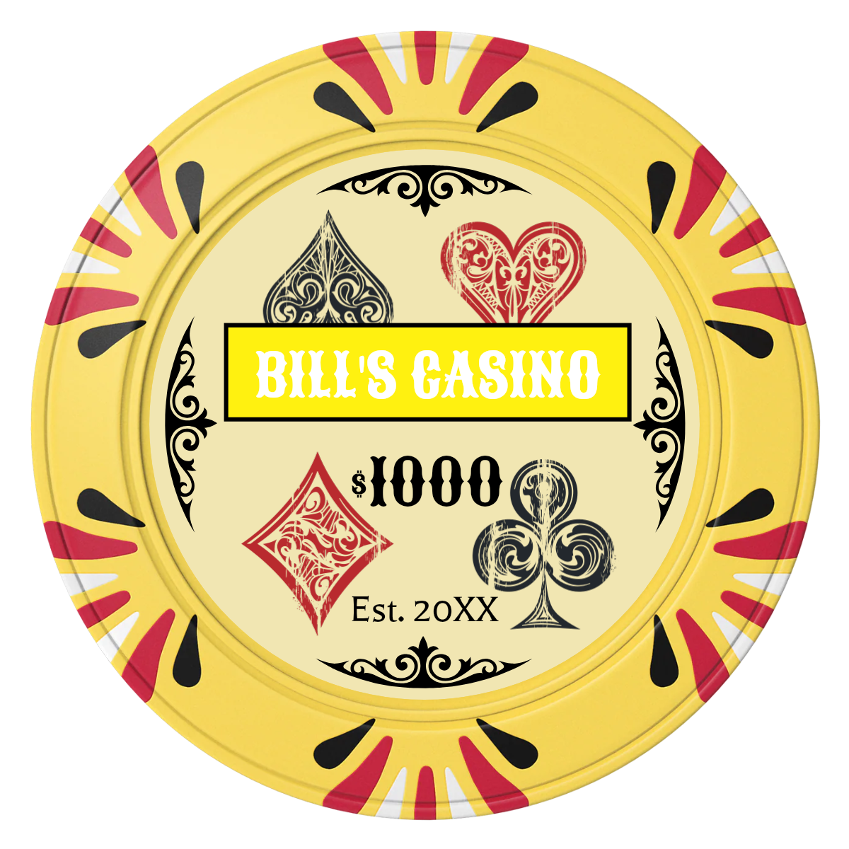 Vintage Four Suits Clay Poker Chips - Yellow / Macau / 40mm - Front