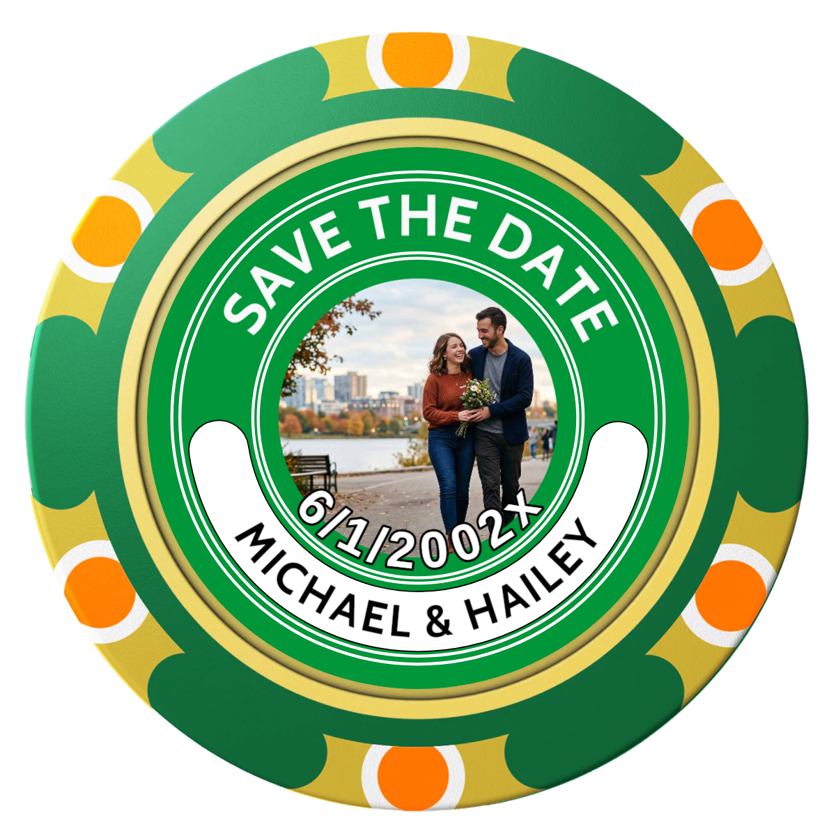 Save the Date Photo QR Code Clay Poker Chips - Green / Monte Carlo / 40mm - Front