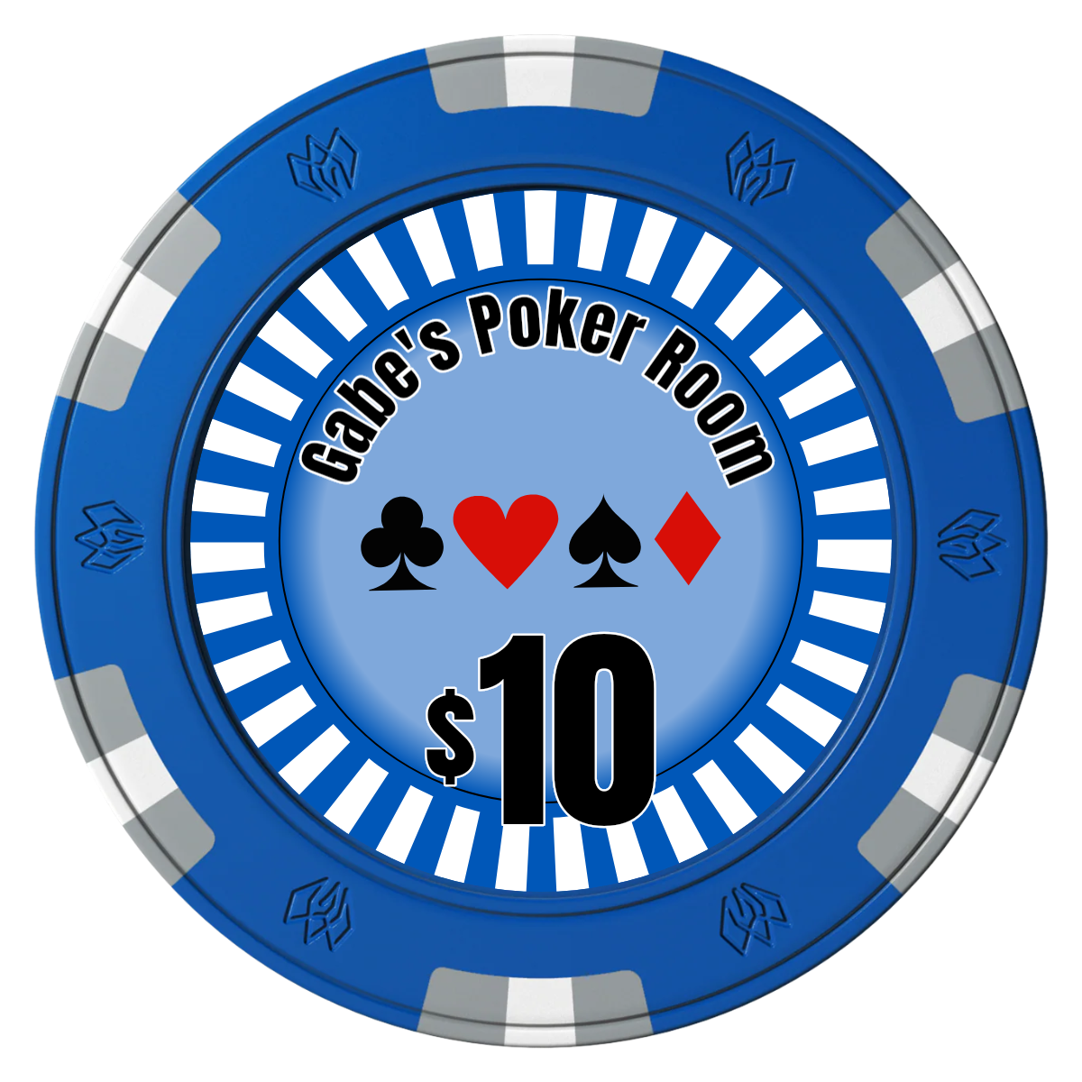 Gabe's Poker Room Clay Poker Chips - Blue / 6 Spot Gem / 43mm - Front