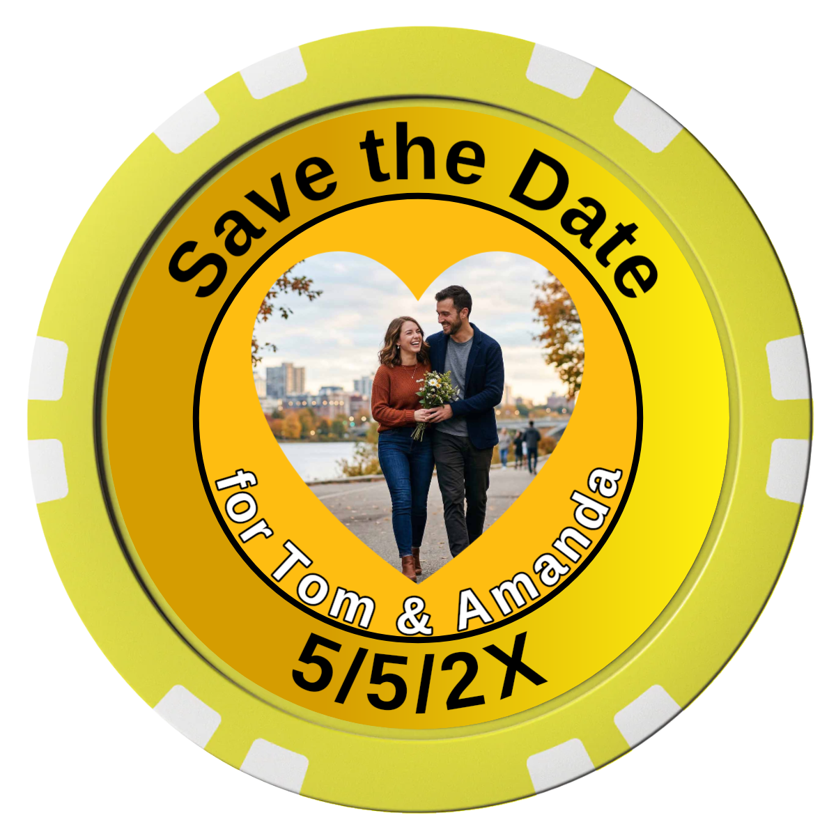 Save the Date #01 Composite Poker Chips - Yellow / Double Stripe - Front