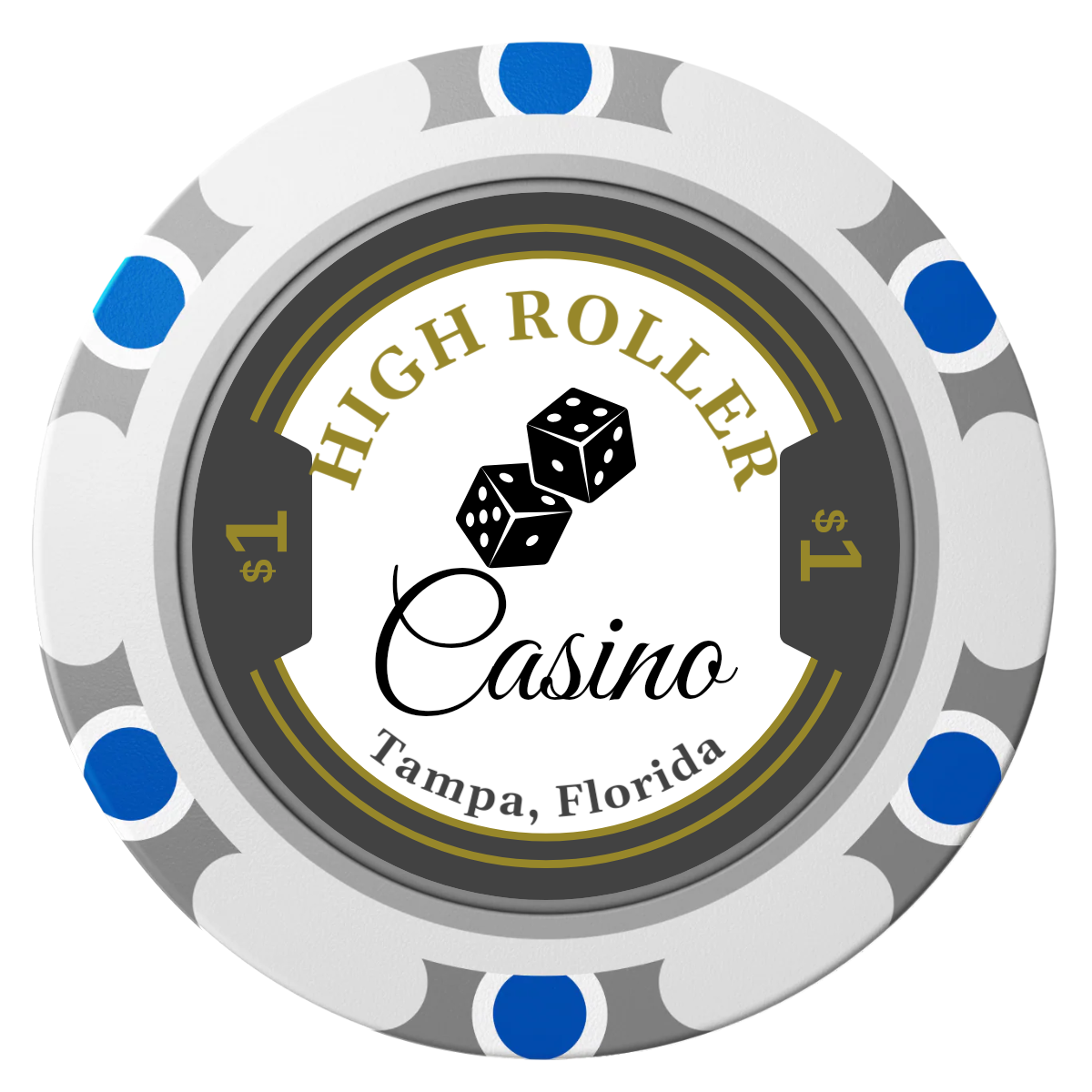 High Roller Casino Clay Poker Chips - White / Monte Carlo / 40mm - Front