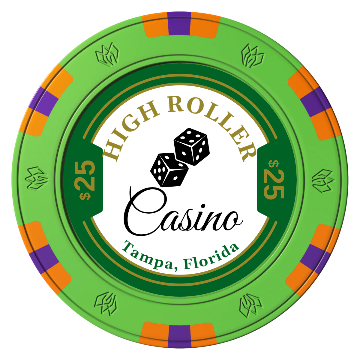 High Roller Casino Clay Poker Chips - Green / 6 Spot Gem / 43mm - Front