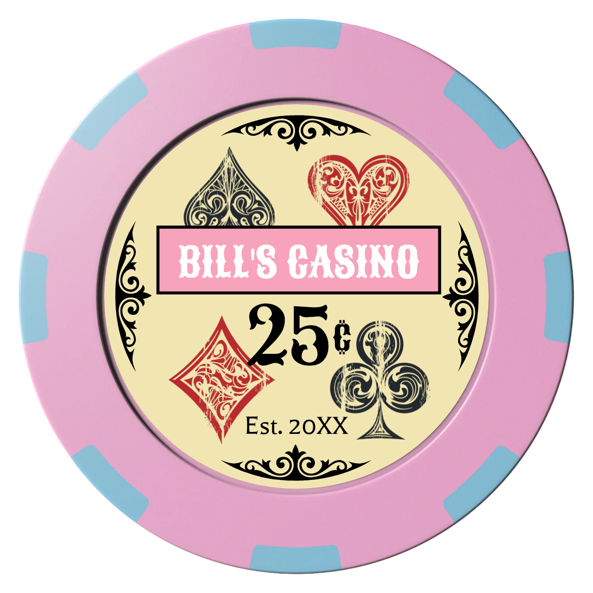 Vintage Four Suits Clay Poker Chips - Pink / 8 Spot (2 Tone) / 40mm - Front