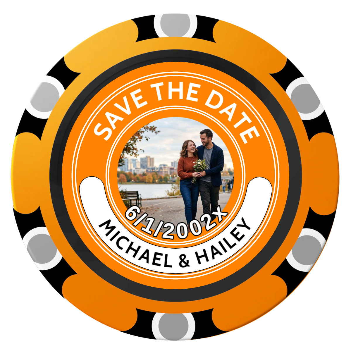 Save the Date Photo QR Code Clay Poker Chips - Orange / Monte Carlo / 40mm - Front
