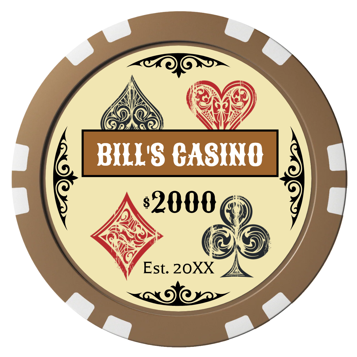 Vintage Four Suits Composite Poker Chips - Brown / Double Stripe - Front