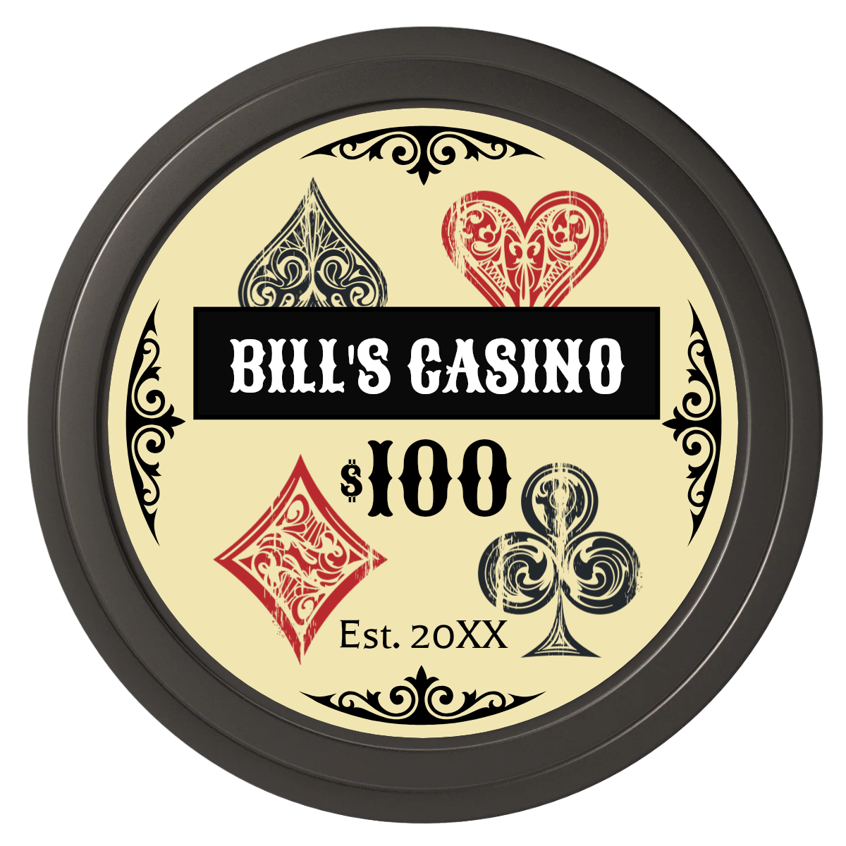 Vintage Four Suits Composite Poker Chips - Black / Solid - Front