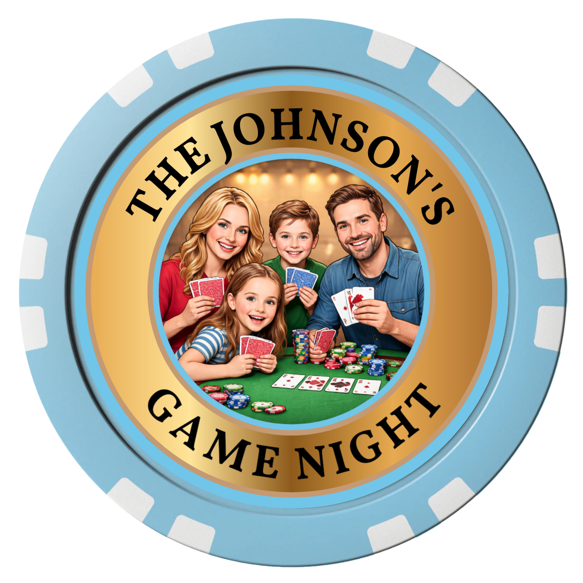 Family Game Night Composite Poker Chips - Light Blue / Double Stripe - Front
