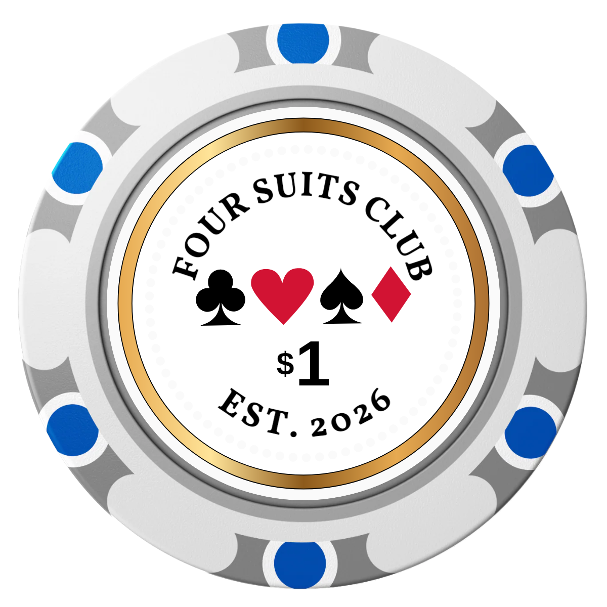 Fours Suits Club Clay Poker Chips - White / Monte Carlo / 40mm - Front