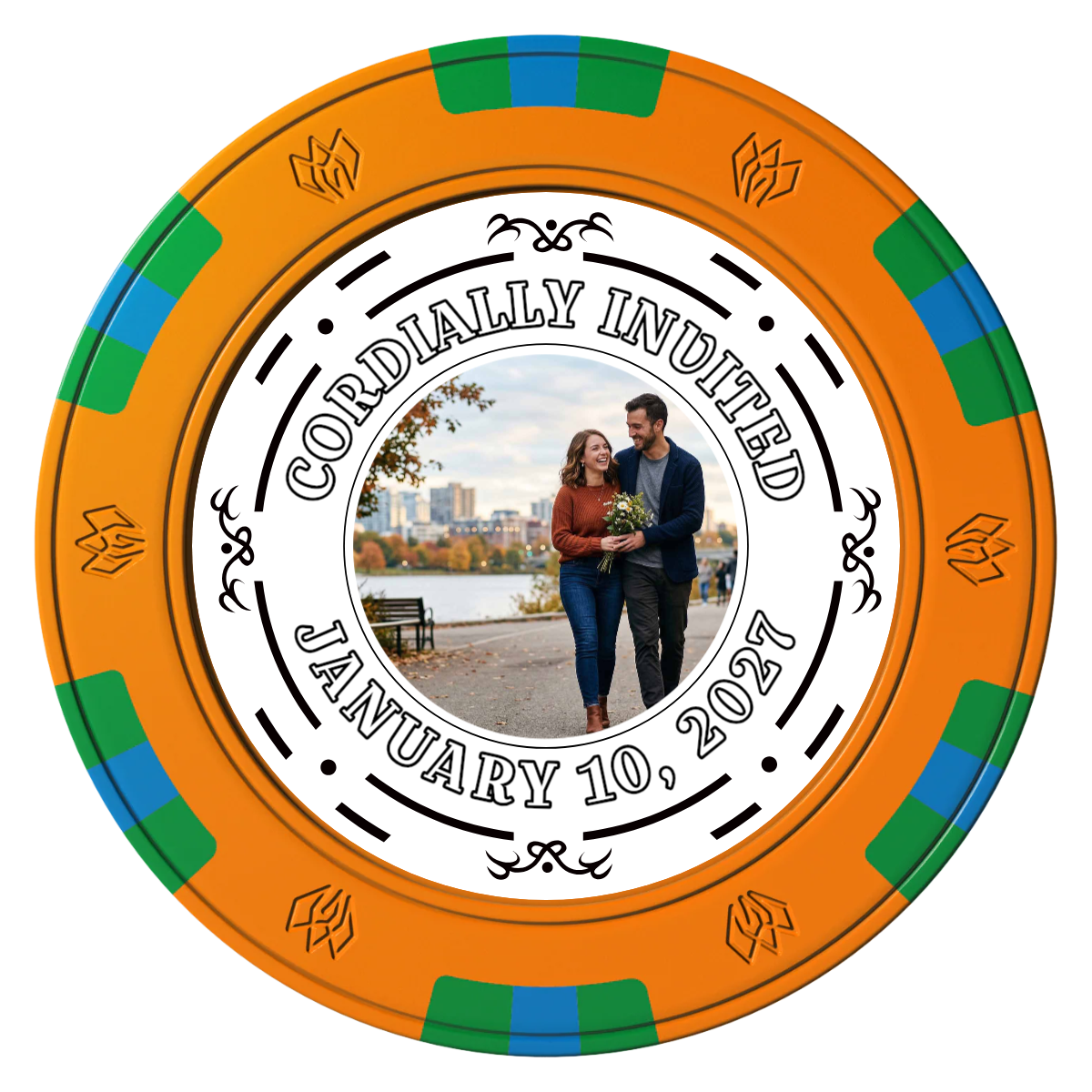 Save the Date Element Clay Poker Chips - Orange / 6 Spot Gem / 40mm - Front