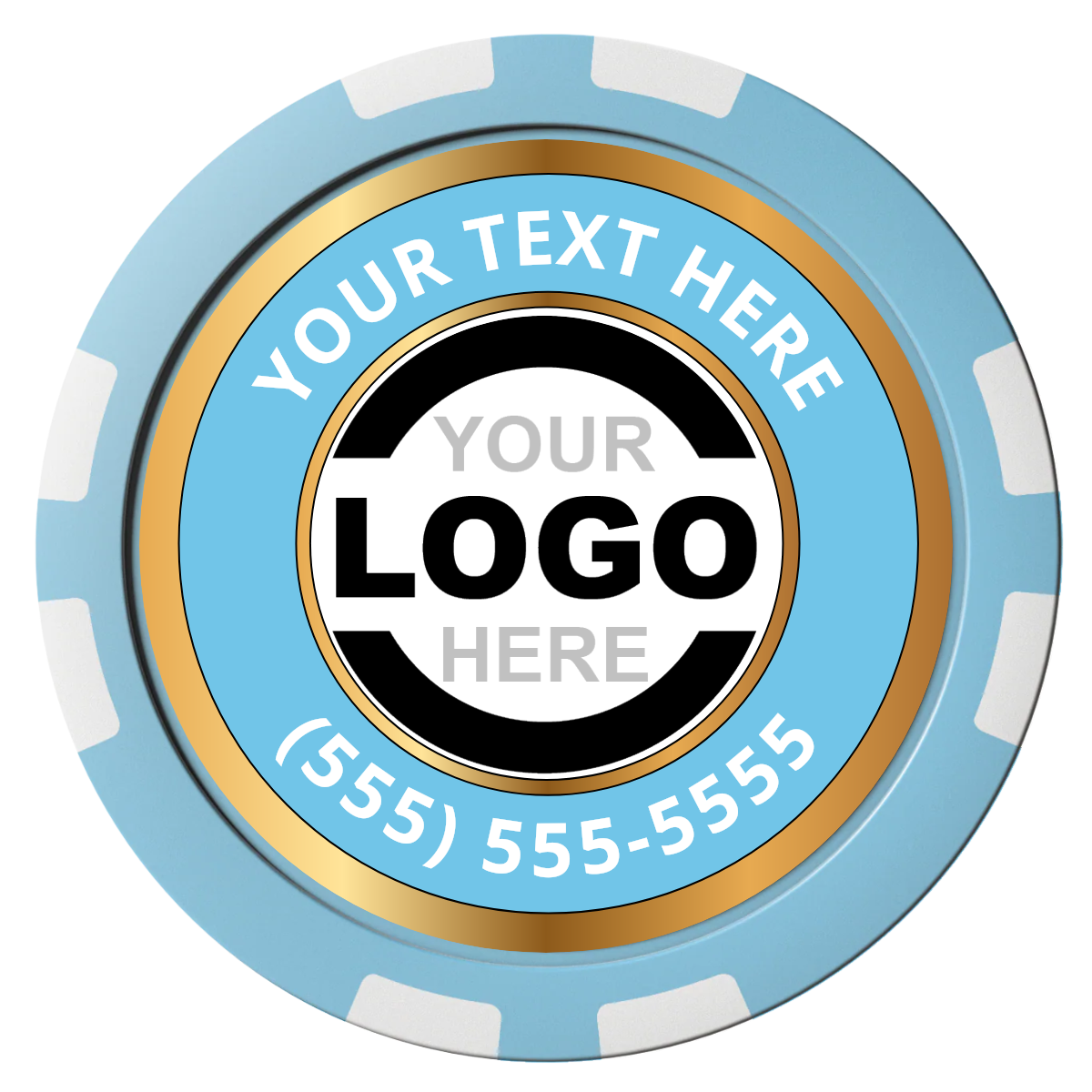 Simple Gold Ring Composite Poker Chips - Light Blue / 8 Stripe - Front