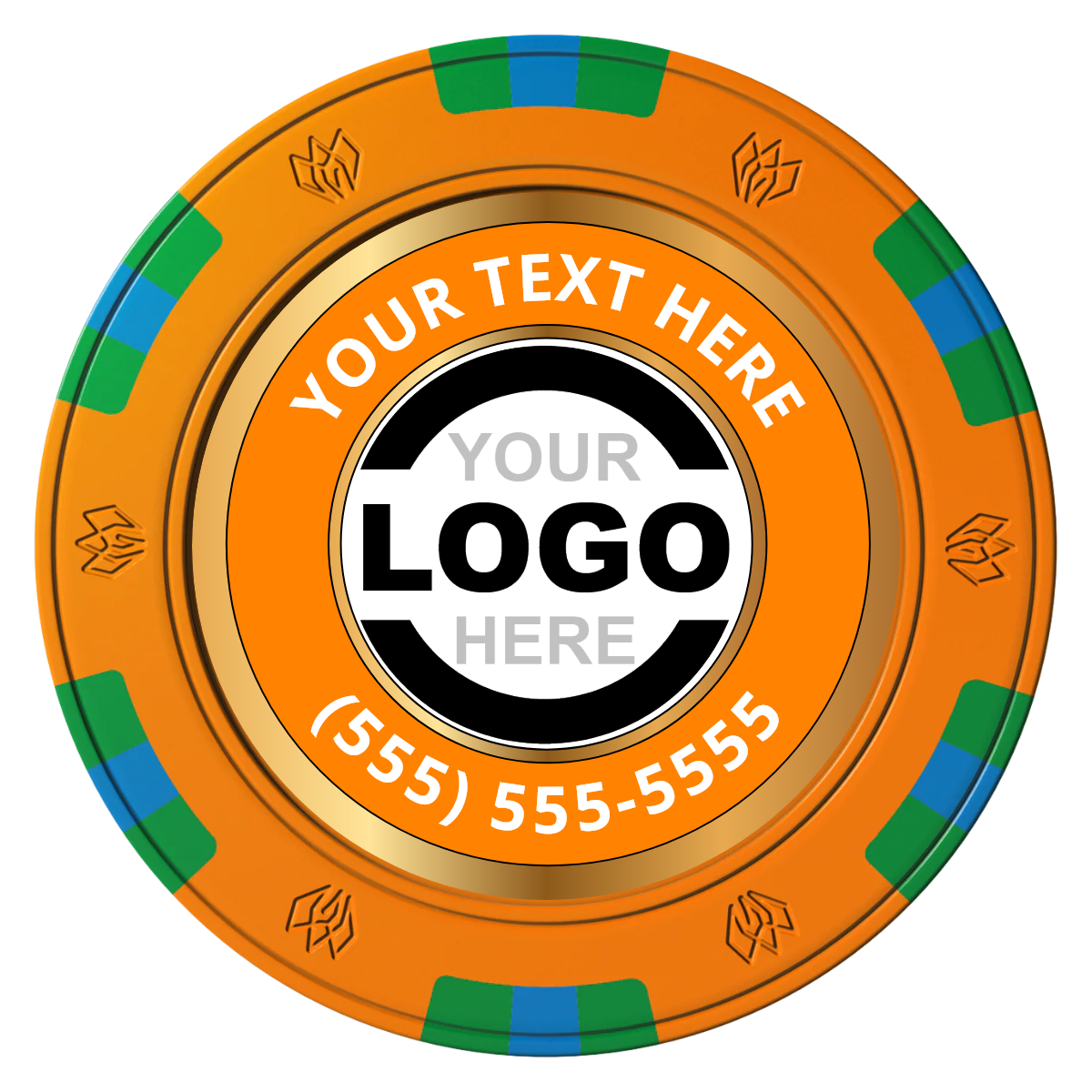 Simple Gold Ring Clay Poker Chips - Orange / 6 Spot Gem / 40mm - Front