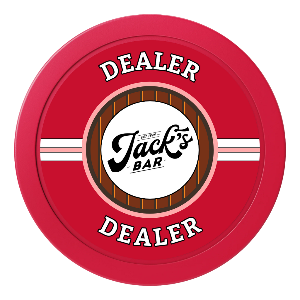 Jack's Bar 2" Oversized Poker Chip - Custom Dealer Button & Card Protector - Red - Front