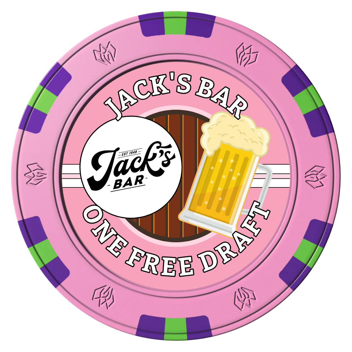 Jack's Bar Clay Poker Chips - Pink / 6 Spot Gem / 43mm - Front