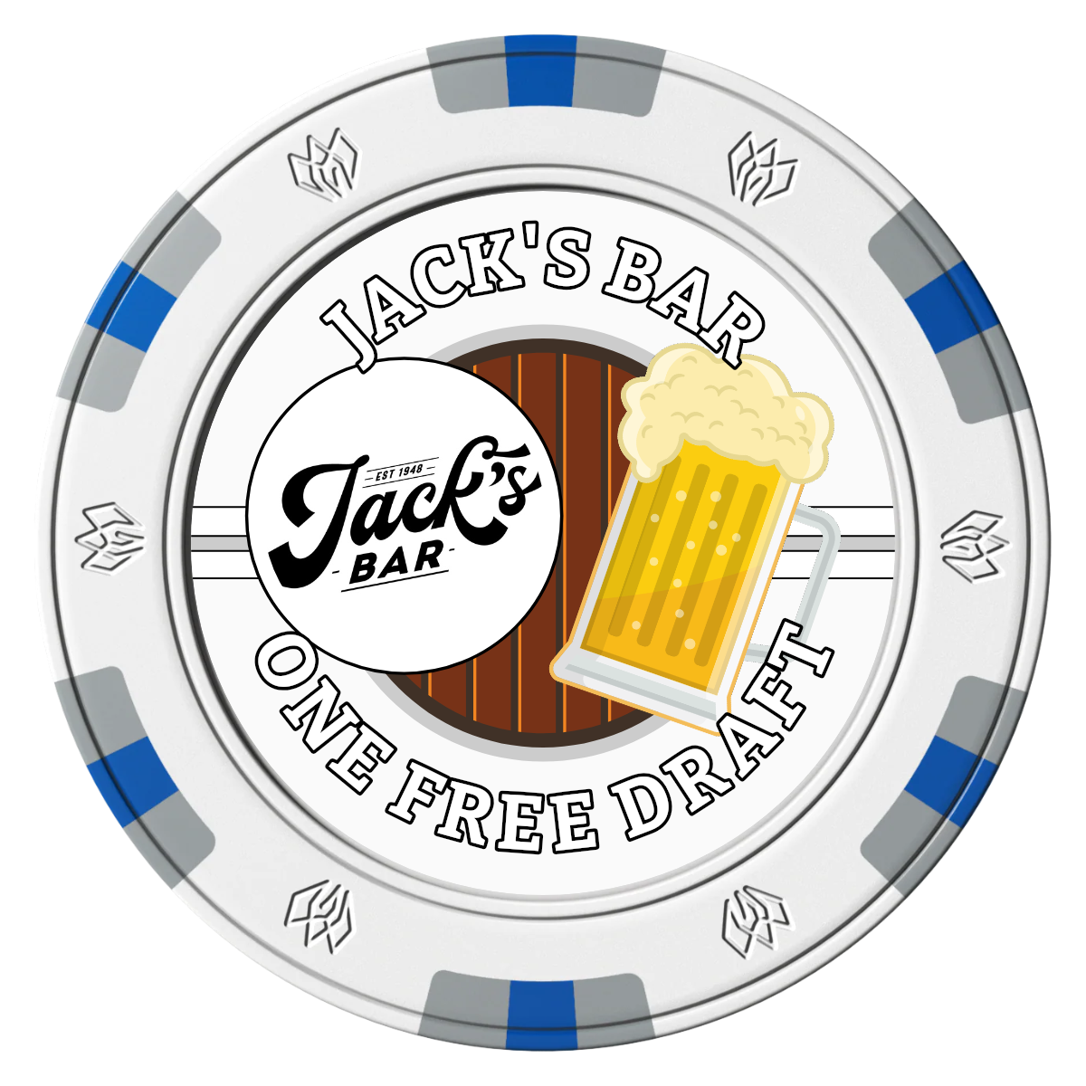 Jack's Bar Clay Poker Chips - White / 6 Spot Gem / 40mm - Front