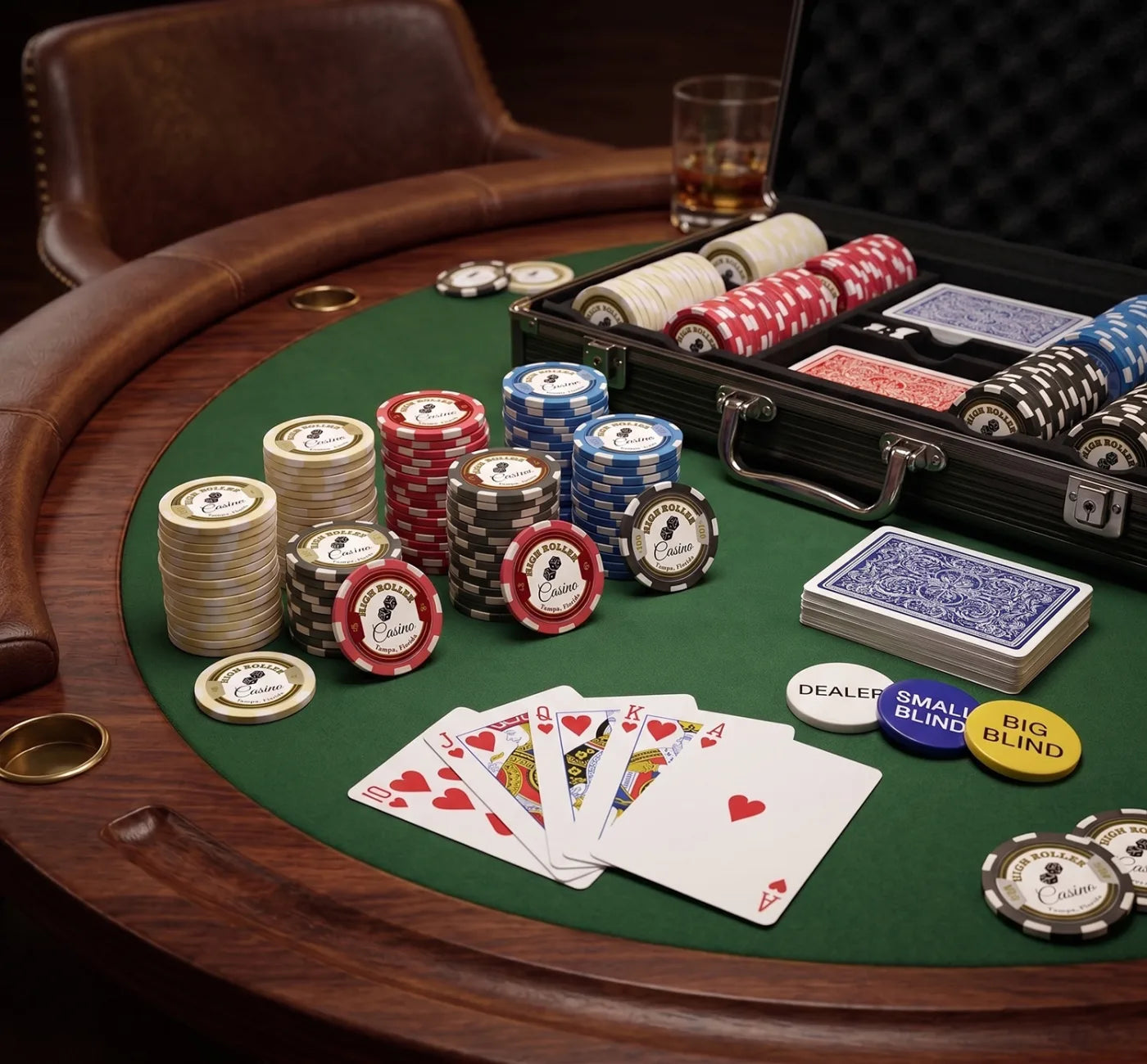 Poker set on a felt table: stacked custom chips, an open case with chips and cards, a royal flush, and dealer and blind buttons