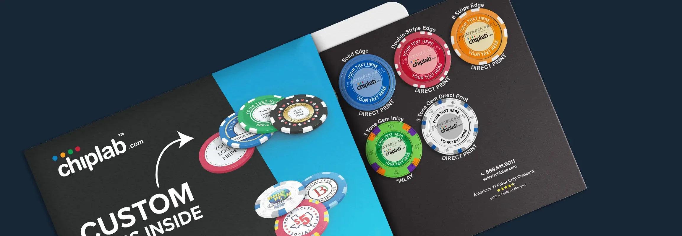 ChipLab sample pack of seven custom chips on a card